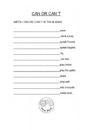 English worksheet: can or cant