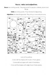 English Worksheet: Colour by noun, verb and adjective