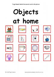English worksheet: Objects at home vocabulary target board activity