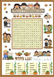 English Worksheet: THANKSGIVING WORDSEARCH