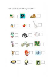 English worksheet: pictures with words beginning with letters a-i