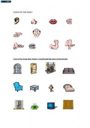 English Worksheet: Parts of the body and house, verb to be, numbers and colours