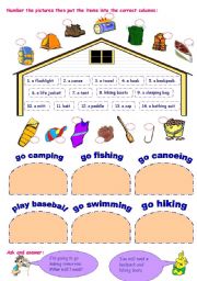 English Worksheet: equipment for outdoor activities