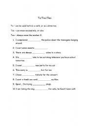 English Worksheet: To, Too and Two