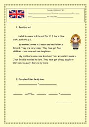 English Worksheet: Family Reading Comprehension