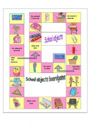 English Worksheet: School objects board game