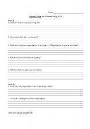 English worksheet: Romeo and Juliet Act 1, scene ii-iii Comprehension Questions