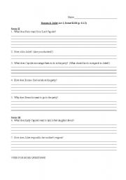 English Worksheet: Romeo and Juliet Act 1, scene ii-iii Comprehension Questions