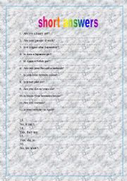 English Worksheet: to be short answers