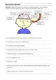 English Worksheet: On my mind (expression with mind)