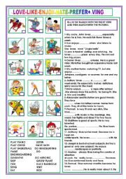 English Worksheet: LOVE-LIKE-ENJOY-HATE-PREFER + VING