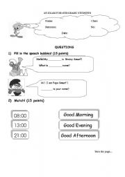 English worksheet: an exam for fourth grade students
