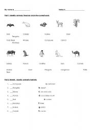 English worksheet: Test on animals, can or cant, habitats