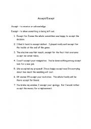 English worksheet: Accept and Except