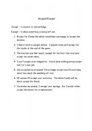 English Worksheet: Accept and Except