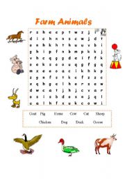 English worksheet: Farm Animals - Wordsearch