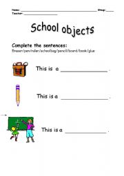 English worksheet: school objects