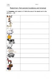 English Worksheet: Farm animals vocabulary test