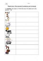 English worksheet: Farm animals vocabulary test