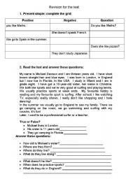 English Worksheet: REVISION: PRESENT SIMPLE + READING COMPREHENSION
