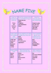 English worksheet: NAME FIVE GAME