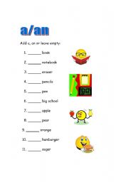 English worksheet: a/an worksheet