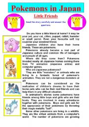 English Worksheet: Pokemons in Japan. Little Friends. Story and Questions.