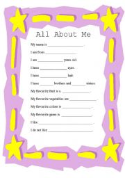 English Worksheet: All About me!