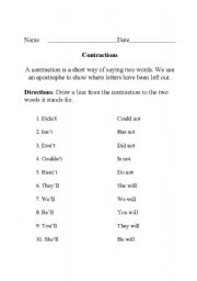 English Worksheet: Contractions for Elementary
