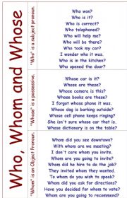 English Worksheet: Who, Whom and Whose