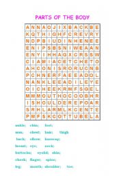 English Worksheet: Parts of the body Wordsearch Puzzle