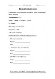 English worksheet: Basic Conjunctions - and, or, but, so with definition, tables and sentences