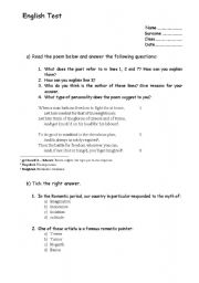 English worksheet: romanticism - literature test