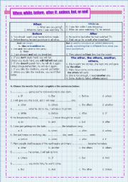English Worksheet: When, while, before,  after, if , unless, but, or and 