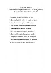 English Worksheet: present tenses grammar auction