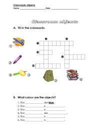 English worksheet: Classroom objects crosswords and writing