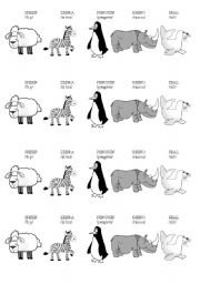 English worksheet: Animals 1 + pronunciaton (sheep, zebra, penguin, hippo, seal)
