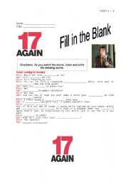 English Worksheet: 17 Again Fill in the Blank Worksheet