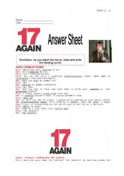 English Worksheet: 17 Again Fill in the Blank Answer Sheet