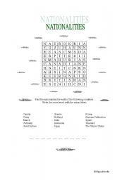 English worksheet: Nationalities WordSearch