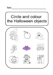 English worksheet: Circle and colour the halloween objects