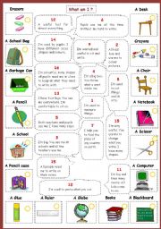 English Worksheet: What am I? (with classrooms objects)