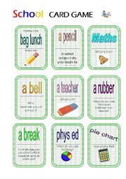 English Worksheet: School Card Game (3 pages)
