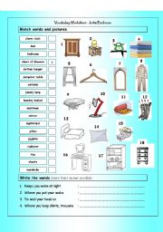 English Worksheet: Vocabulary Matching Worksheet - IN THE BEDROOM