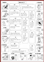 English Worksheet: Who  am I ? (with animals) B&W version