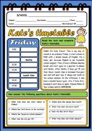 English Worksheet: KATES TIMETABLE