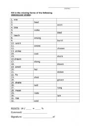 English worksheet: Irregular Verbs
