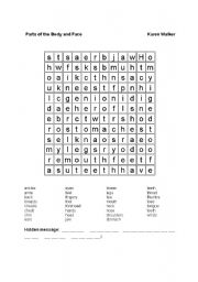 English Worksheet: Body and Face Word Search