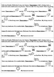 English Worksheet: rooms in the houuse, furniture, there to be