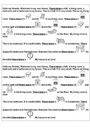 English Worksheet: rooms in the houuse, furniture, there to be